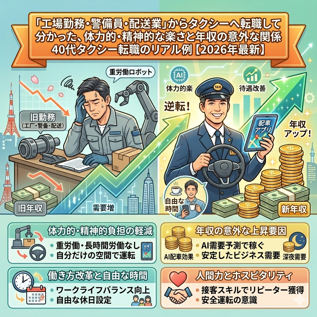 「工場勤務・警備員・配送業」からタクシーへ転職して分かった、体力的・精神的な楽さと年収の意外な関係
