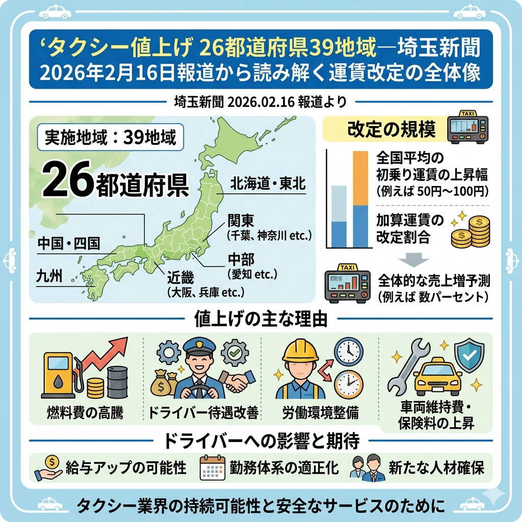タクシー値上げ 26都道府県39地域